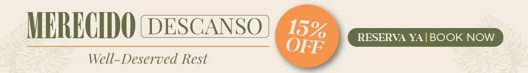 Masaya experience hotel boutique en colombia, logo de hotel boutique en verde y beige con oferta de descanso y descuento del 15%.