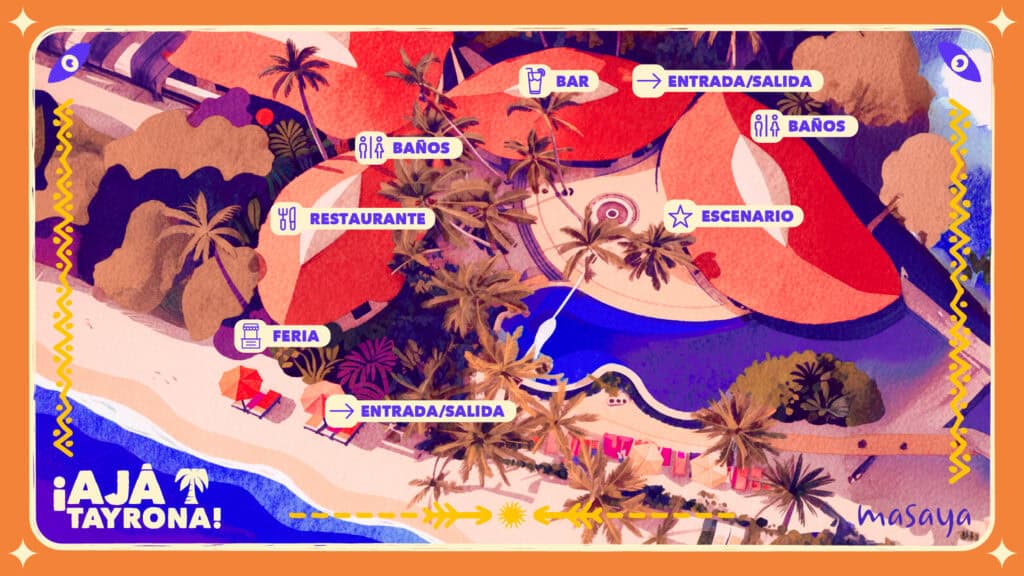 Playa con palmeral, vista artística del complejo turístico de Masaya, con áreas de restaurante, baño, feria, escenario y bar, marcada en mapa para facilitar la navegación en la zona de Tayrona colombiana.