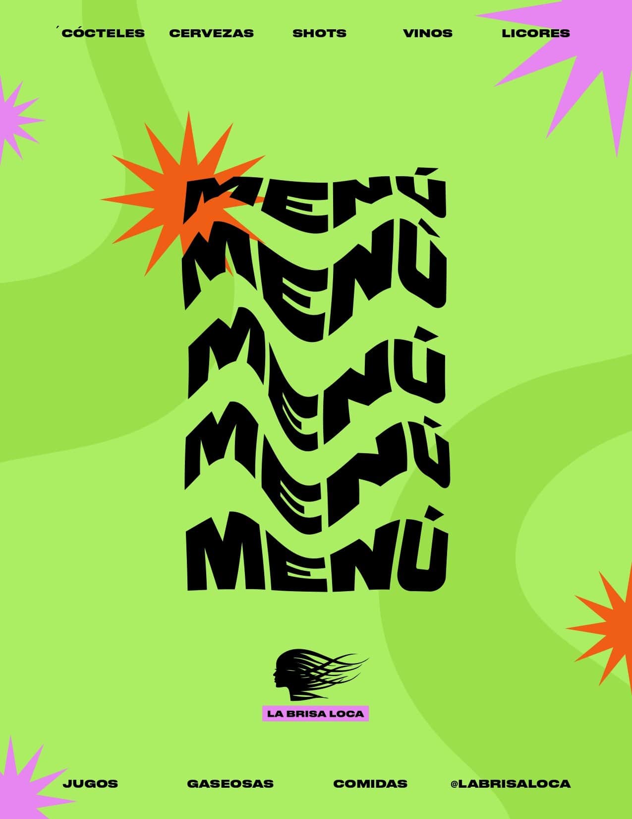 Una imagen con un diseño llamativo que muestra la palabra "MENÚ" repetida en diferentes estilos y tamaños, con un fondo verde brillante y detalles en colores vibrantes como rosa y naranja.