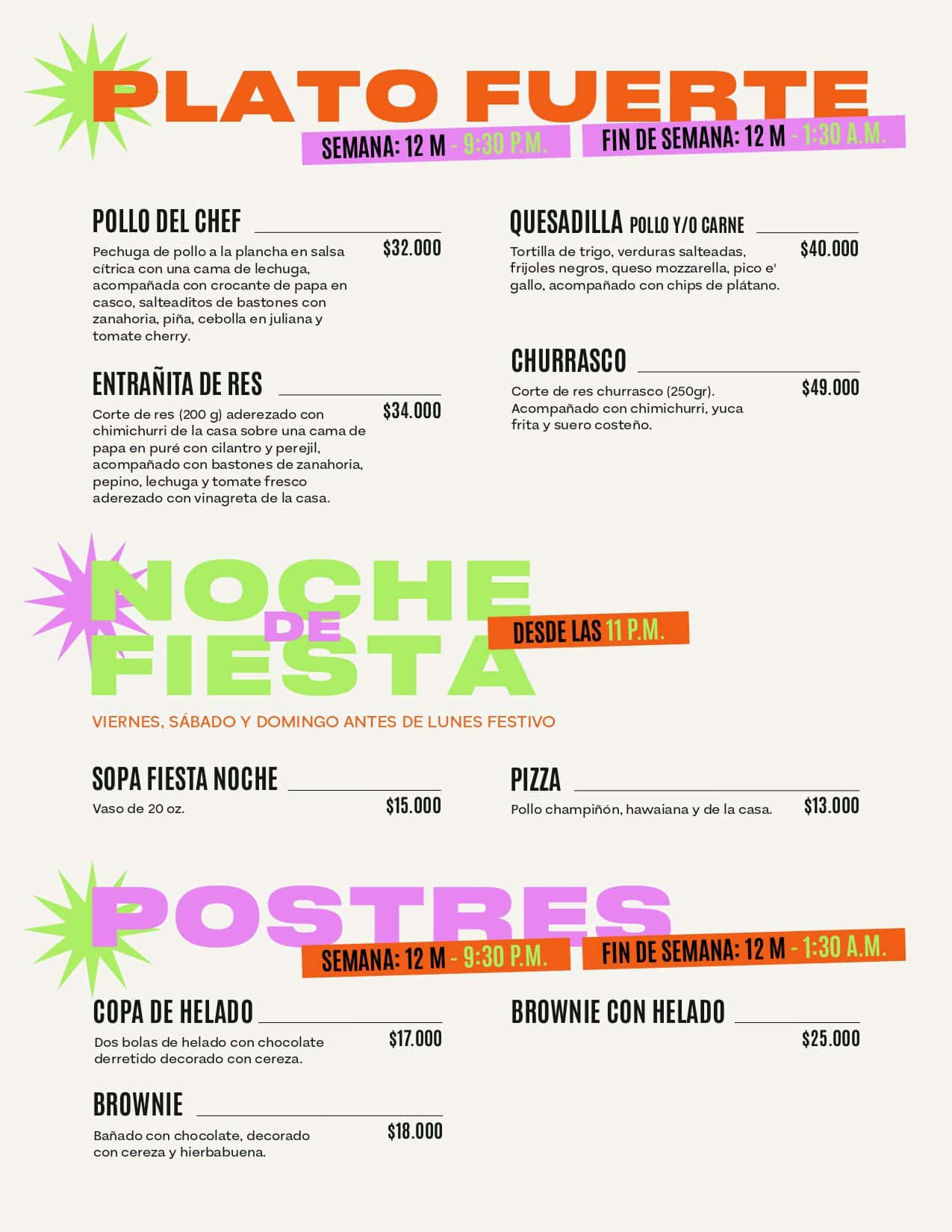 Menú de platos principales en Masaya Experience, con opciones de pollo, queso, churrasco y más, presentado en un estilo moderno y colorido.