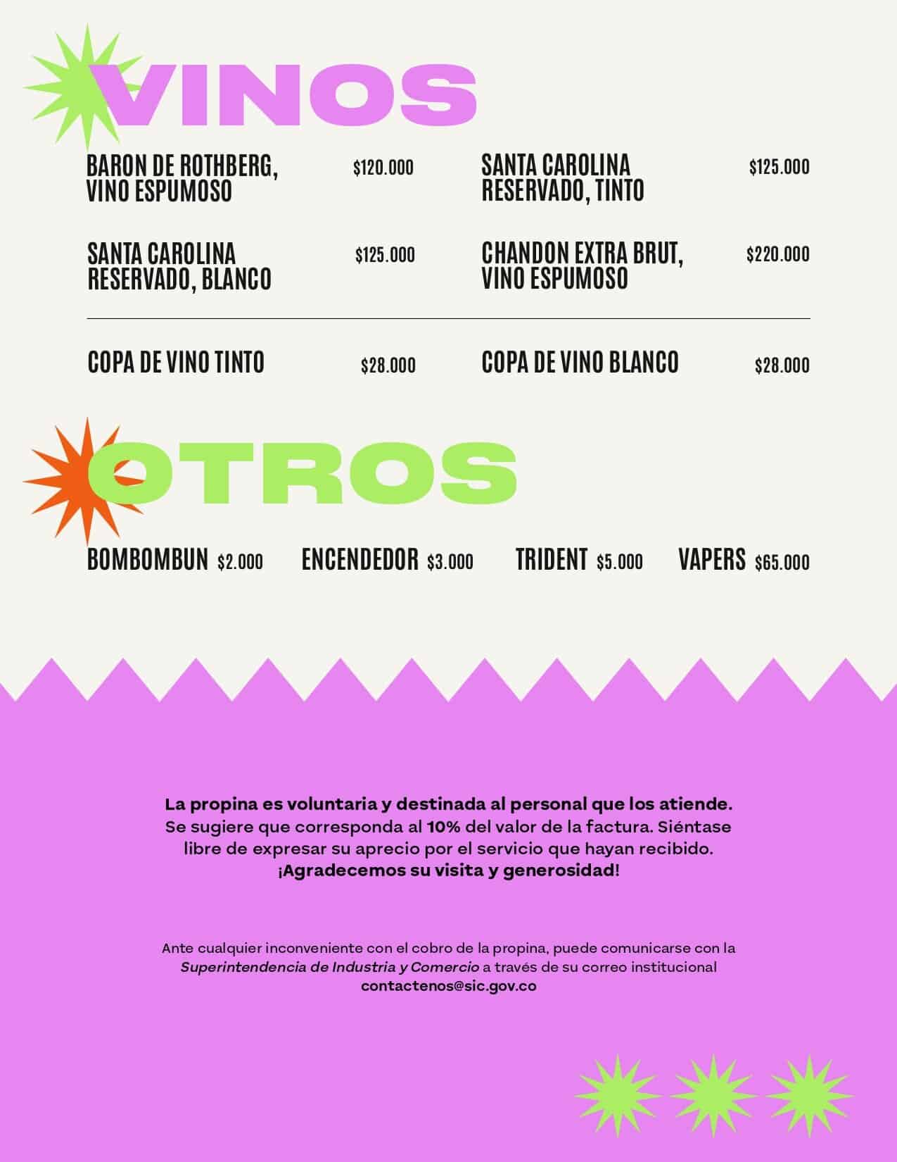 Vinos y bebidas alcohólicas, incluyendo vinos espumosos, tintos y blancos, además de opciones como bombom, encendedor, trident y vapors.