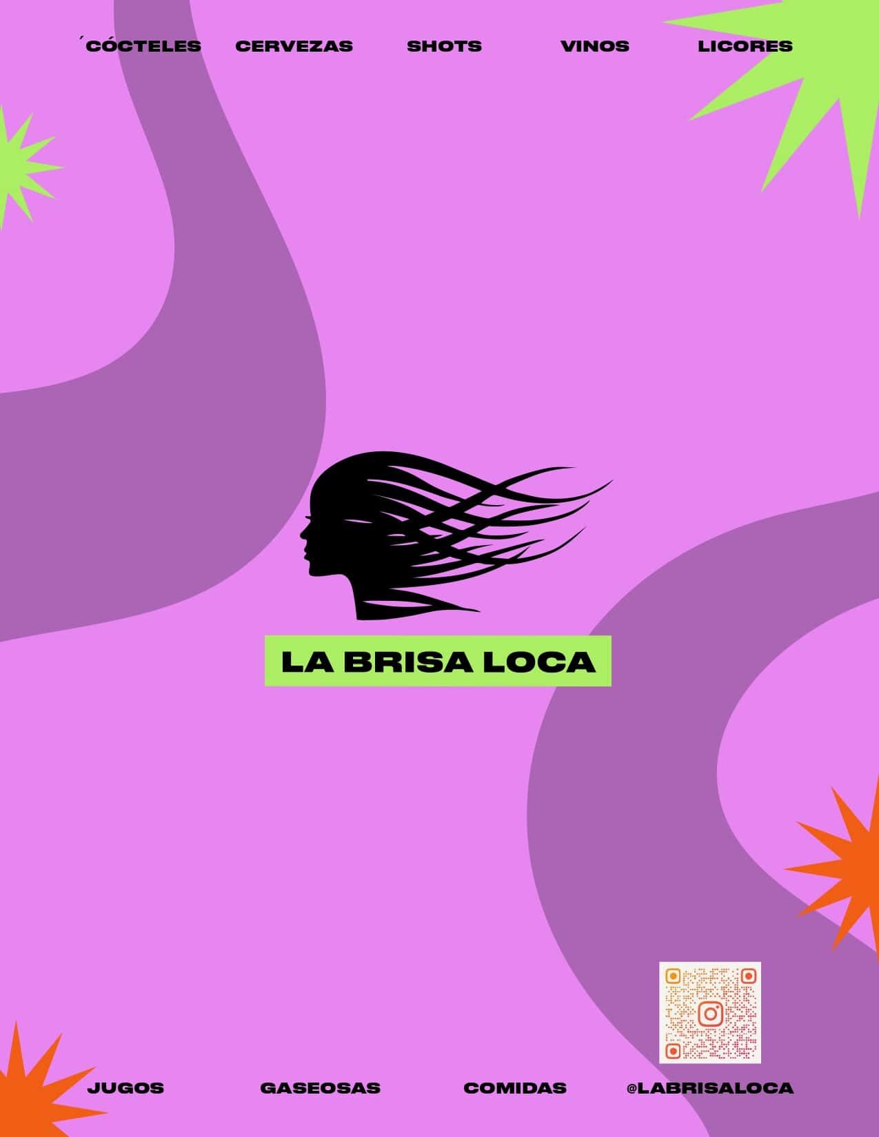 Ilustración de un logo con una mujer con cabello al viento y el texto "La Brisa Loca" en un fondo colorido y vibrante.