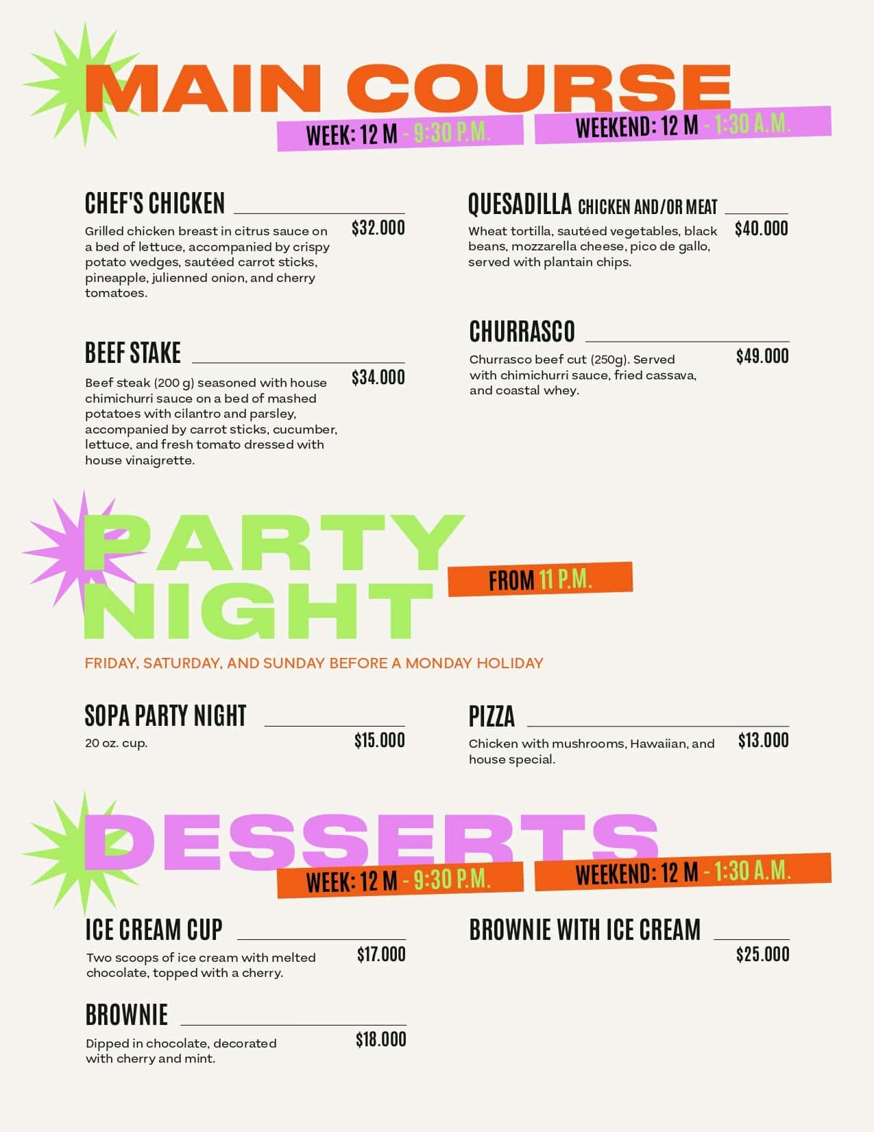 Menú principal con precios y horarios en español.