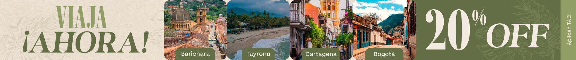 Imagen de varias ciudades colombianas y un cartel de 20% de descuento.
