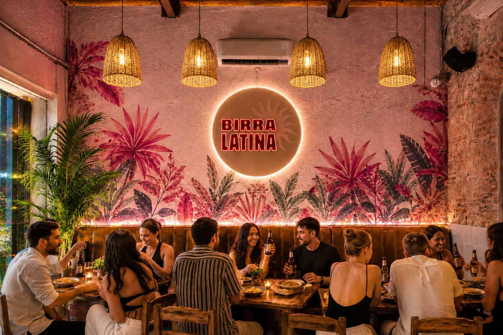 Ambiente animado en un restaurante con decoración tropical, luces cálidas y un grupo de personas disfrutando de comida y bebidas en un espacio moderno y acogedor.