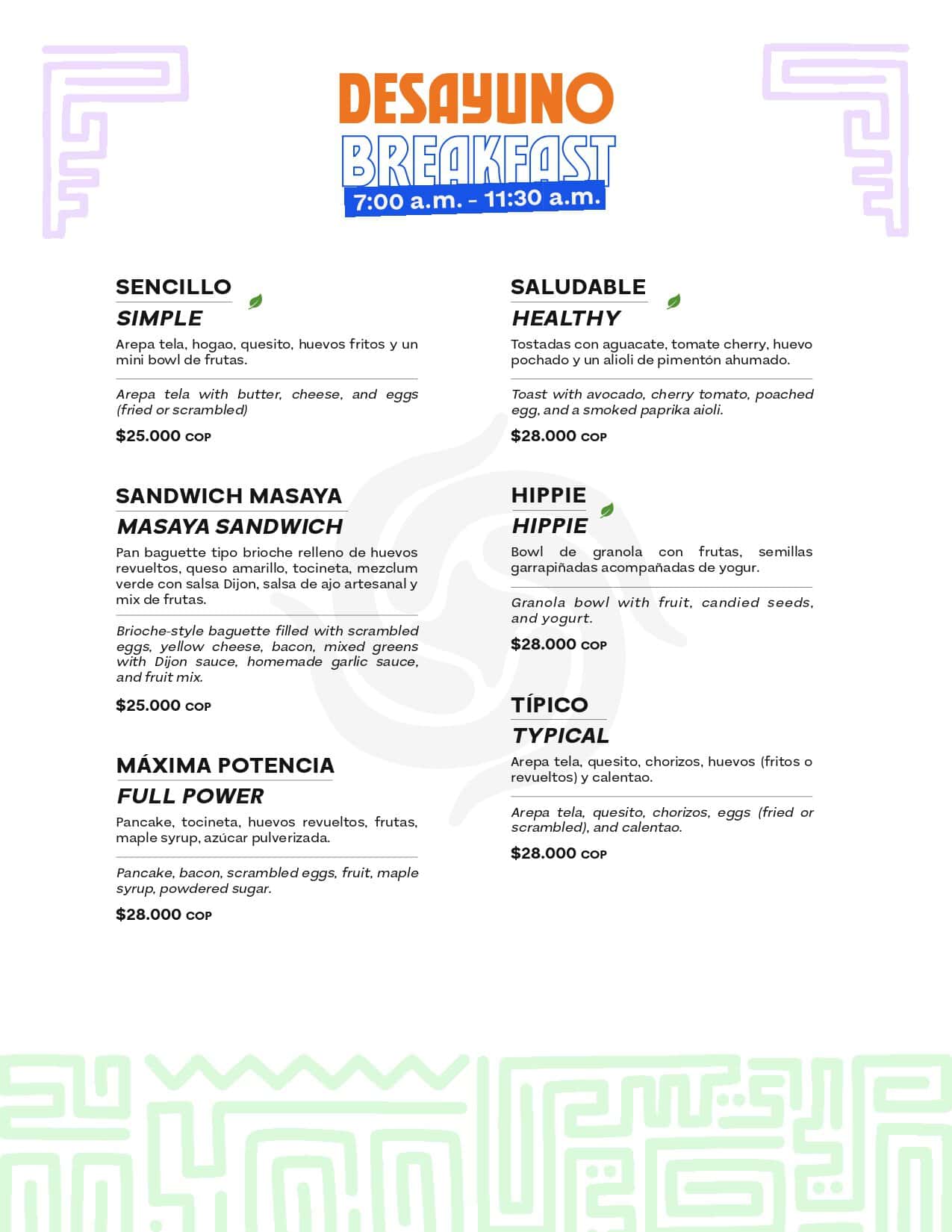 Opciones de desayuno en M, incluyendo sándwich, saludable y típico, con ingredientes frescos y nutritivos.