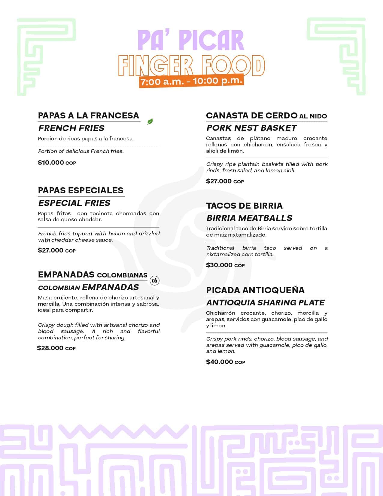 Menú de Finger Food con opciones de papas, cerdo, birria y empanadas en M.