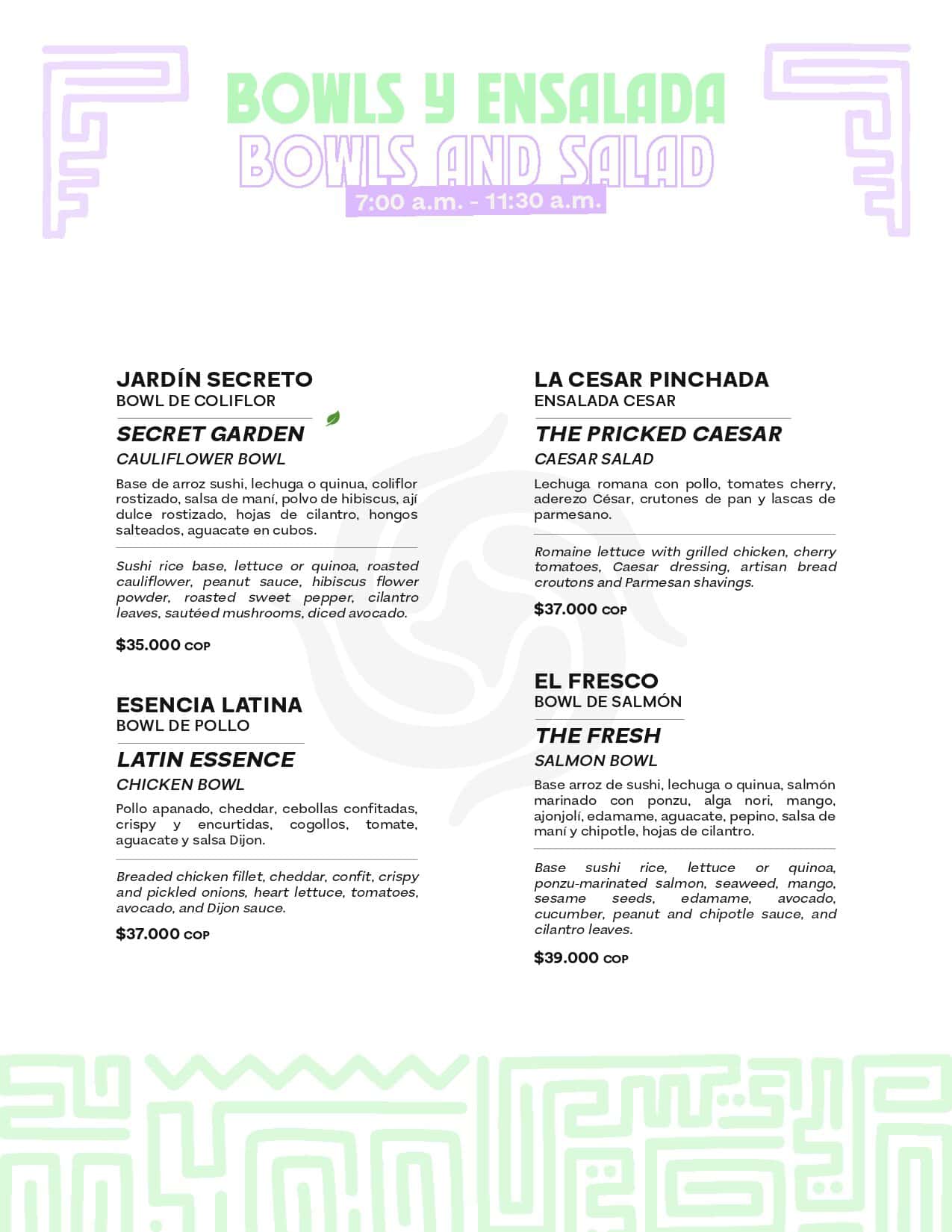 Opciones de ensaladas y bowls en M, con ingredientes frescos y saludables.
