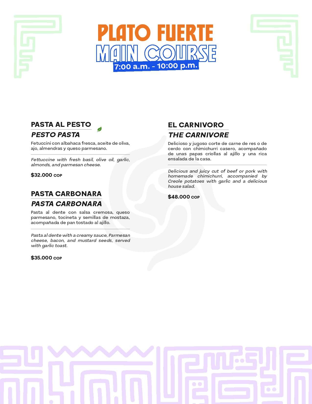 Menú de platos fuertes con pasta y carne, horario de 7 a.m. a 10 p.m.