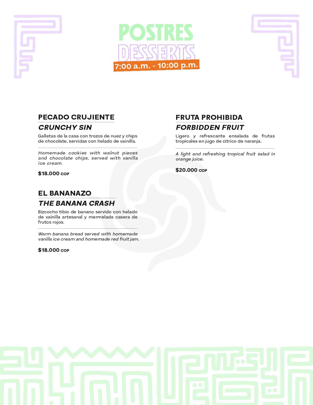 Variedad de postres del desierto en M, incluyendo galletas, fruta y banana crash, con descripción en español y precios en pesos colombianos.