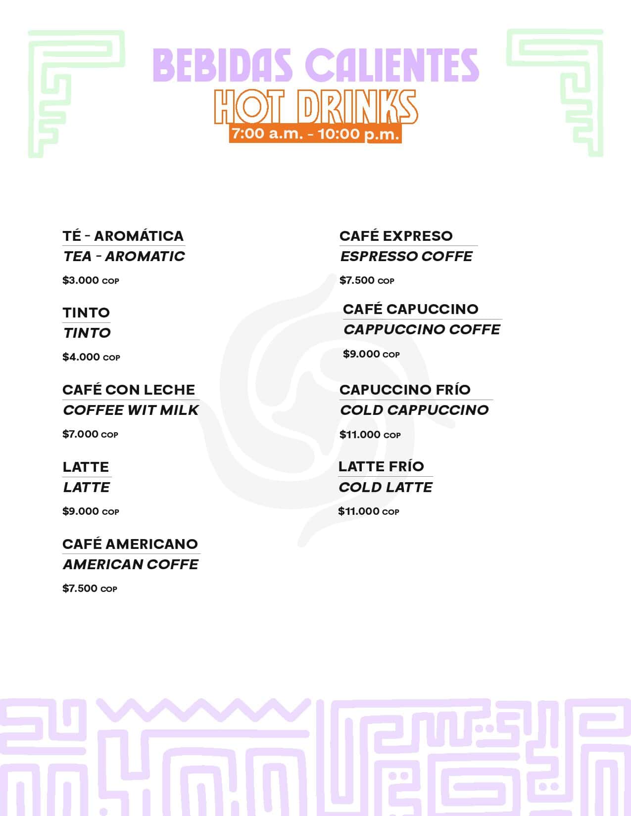 Menú de bebidas calientes en M con opciones de té, café y latte en diferentes presentaciones y precios.