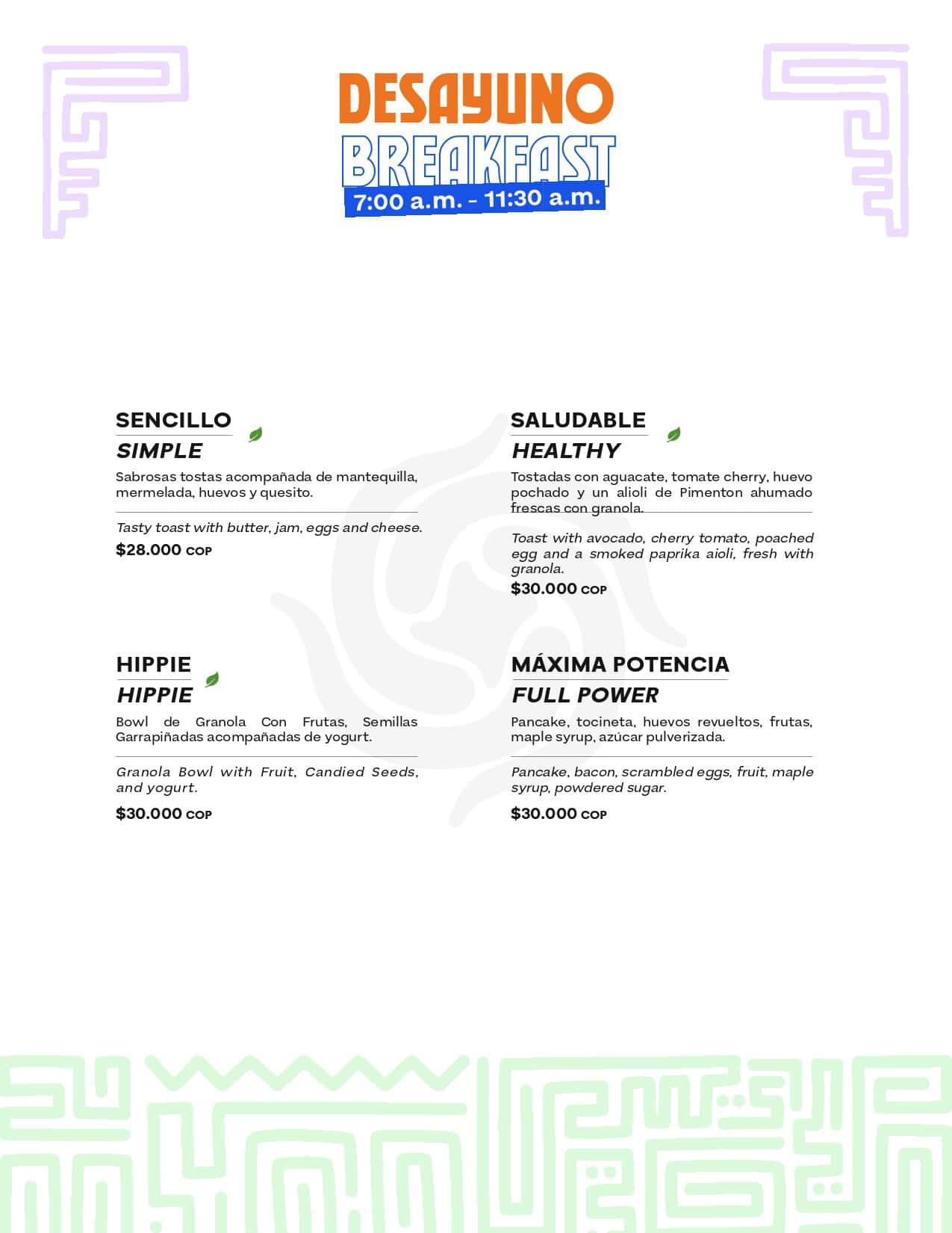 Menú de desayuno con opciones saludables y energéticas en M, incluyendo opciones sencillas, saludables, hippie y de máxima potencia.