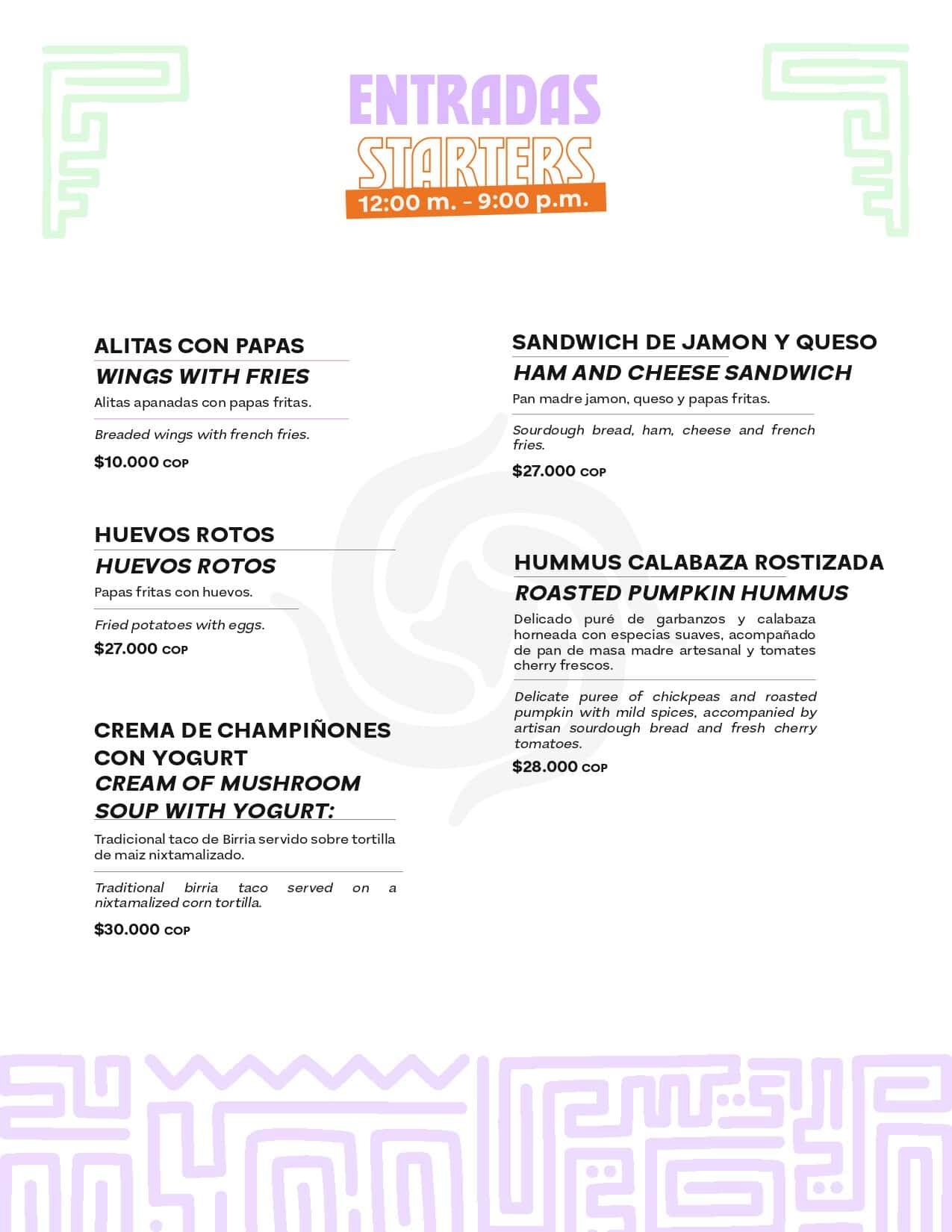 Opciones de entradas en M, incluyendo alitas, sándwiches y hummus, con precios y descripciones.