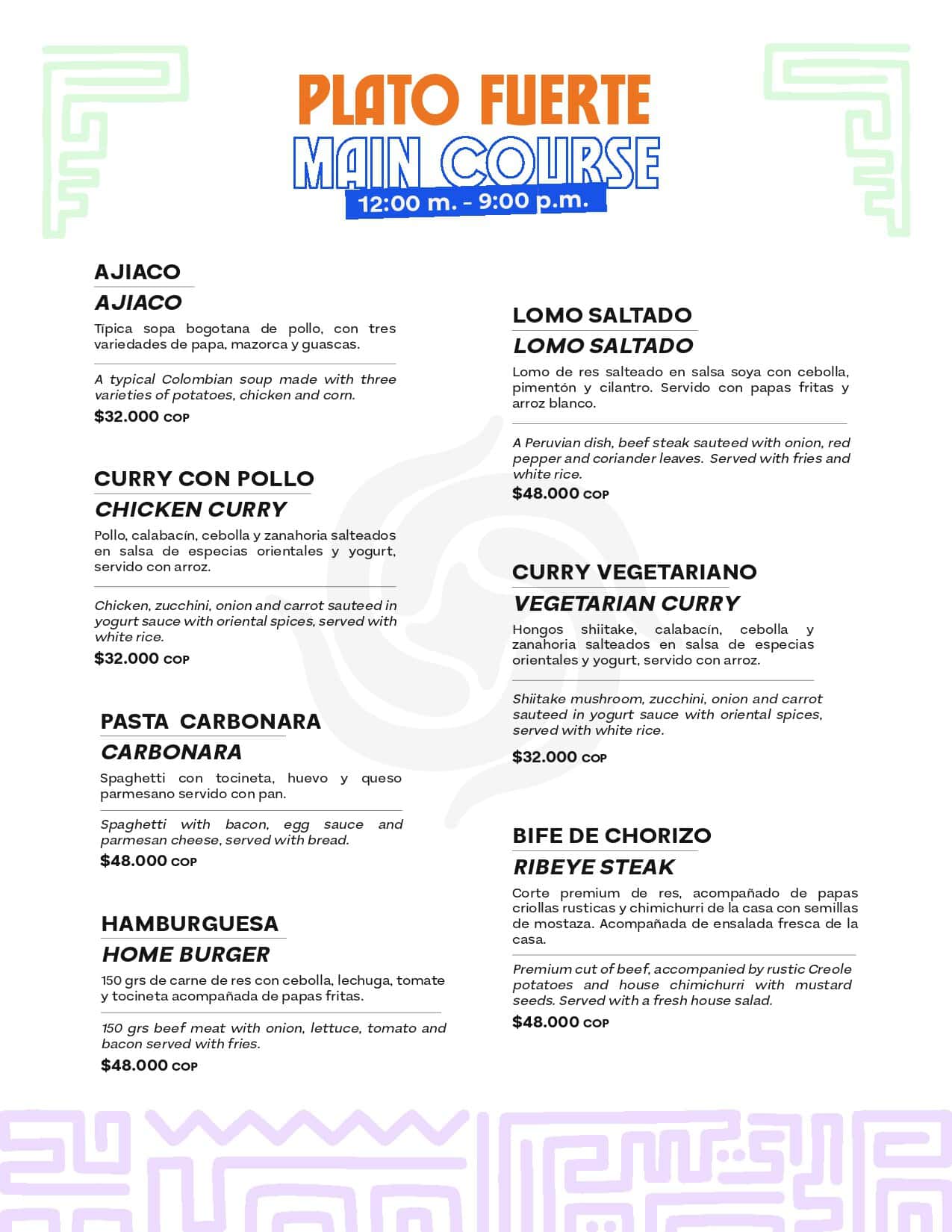 Plato fuerte con opciones de pollo, carne y vegetarianas en M, restaurante colombiano.