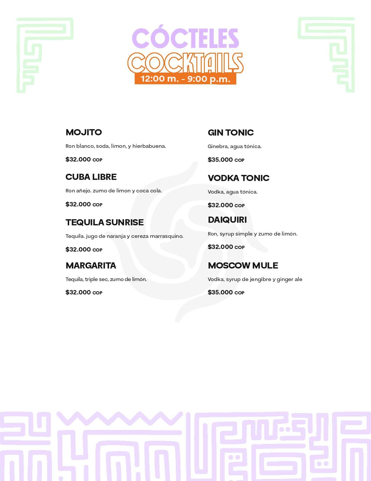 Menú de cócteles en M con variedad de bebidas como mojito, gin tonic y margarita.