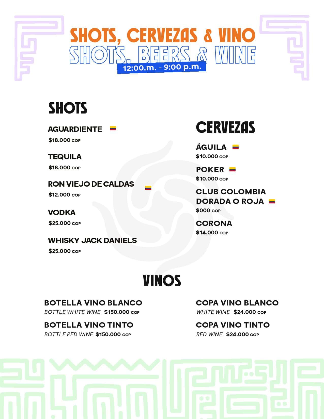 Menú de bebidas con opciones de shots, cervezas y vinos en M.