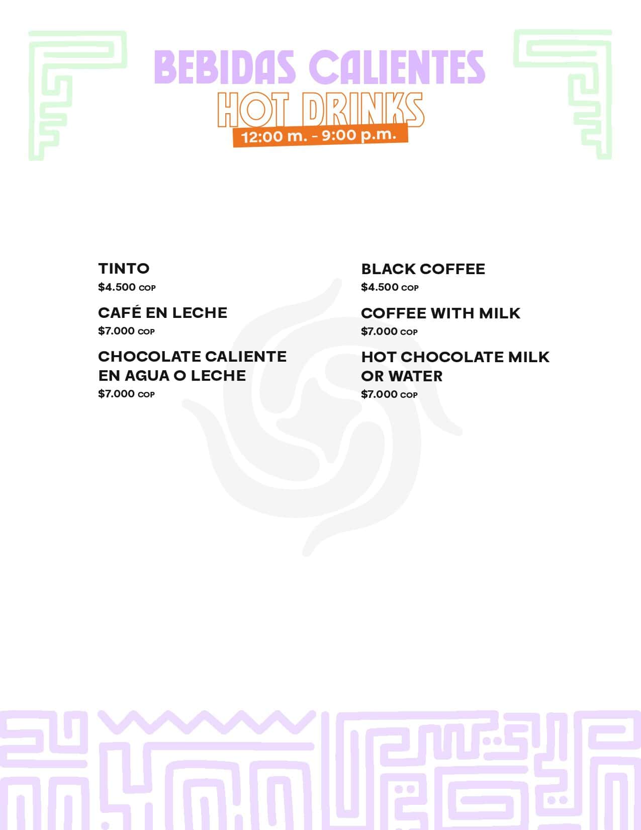 Menú de bebidas calientes en M, incluye café, chocolate caliente, y té, con precios y horarios de atención.