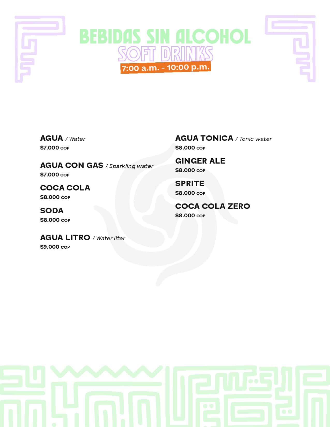 Menú de bebidas sin alcohol en M, incluye agua, gaseosa, agua tónica, ginger ale, Coca Cola, Sprite y agua litro.