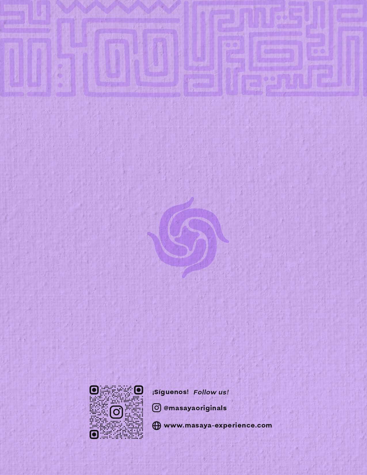Fondo lila con logo de M y códigos QR para redes sociales y página web.