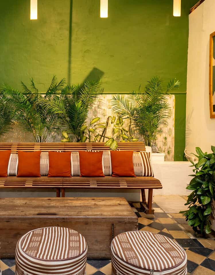 Área de descanso con sillones y plantas verdes en M, hotel boutique en Colombia.