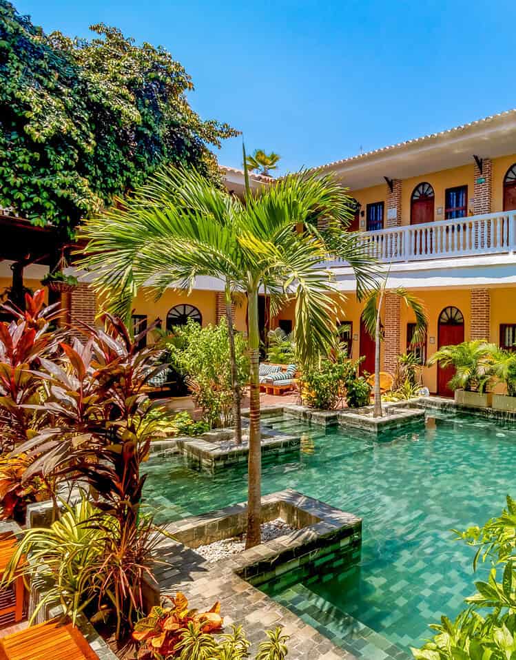 Piscina en un hotel boutique rodeada de palmeras y vegetación tropical en M.