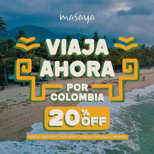 Imagen promocional de una playa tropical con palmeras y montañas al fondo, anunciando una oferta de viaje con descuento en varias ciudades colombianas.