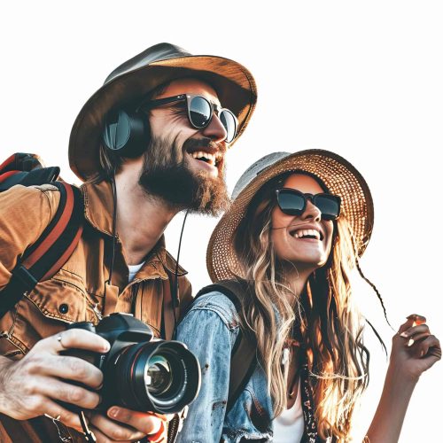Pareja feliz con accesorios de verano, disfrutando de un día al aire libre con cámaras y sombreros de paja.