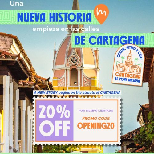 Fachada de un edificio con arquitectura colonial en Cartagena con un cartel promocional de descuento del 20% en una oferta limitada. El diseño es colorido y llamativo, promoviendo la apertura de un nuevo establecimiento en la ciudad.