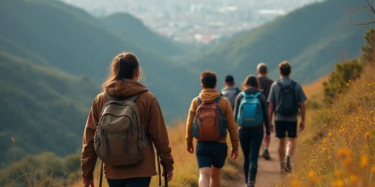 Senderismo en un sendero rodeado de naturaleza y vistas panorámicas de montañas y valle. Un grupo de personas disfruta de una caminata al aire libre en un entorno tranquilo y hermoso.